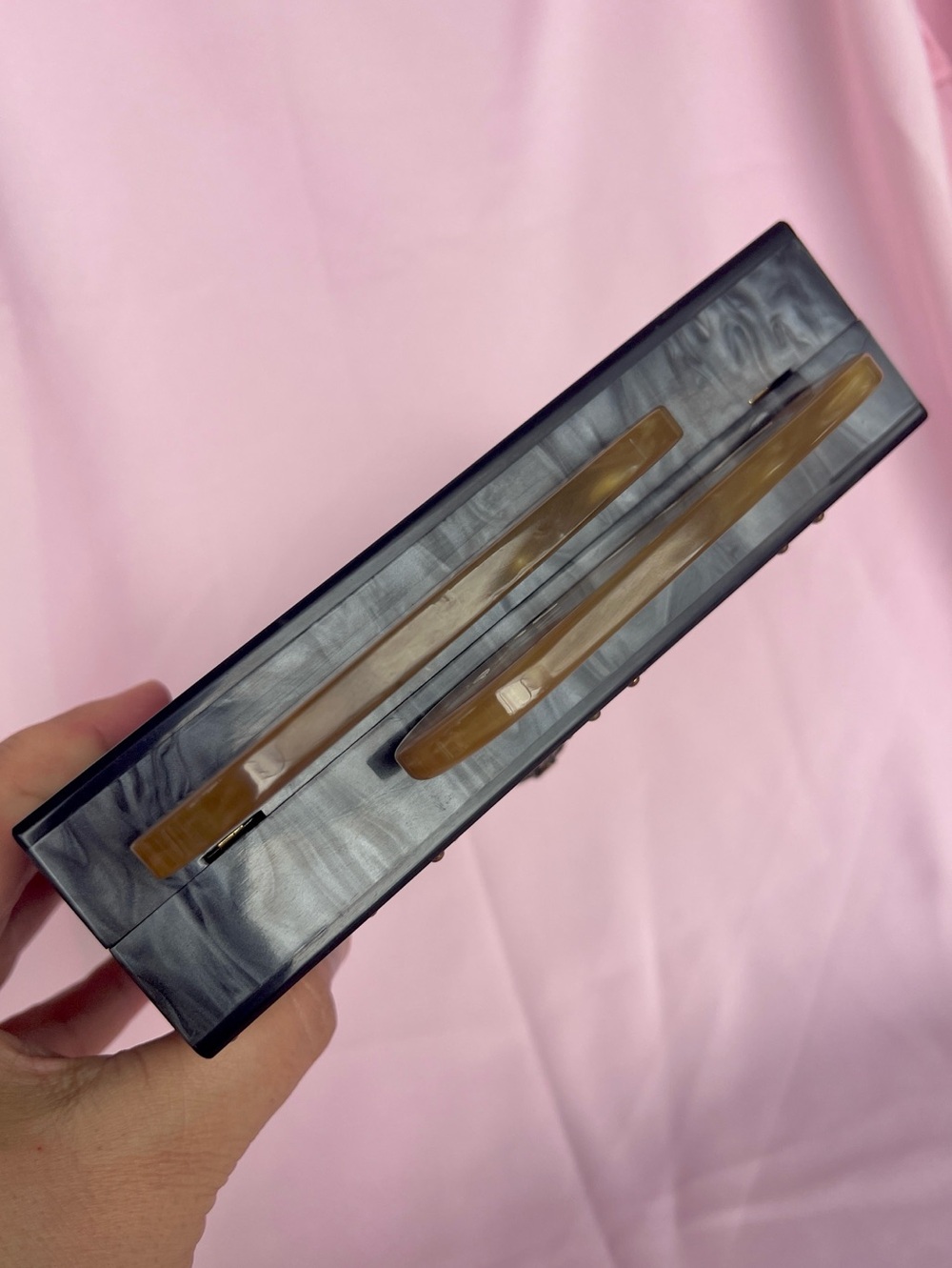 Kurt Geiger Kensington safety pin box clutch on chain gray mother of pearl NWT - Picture 7 of 16